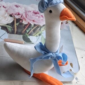 Porch Goose Style Fabric Goose With Blue  Bow And Hat| Spring Easter Decor